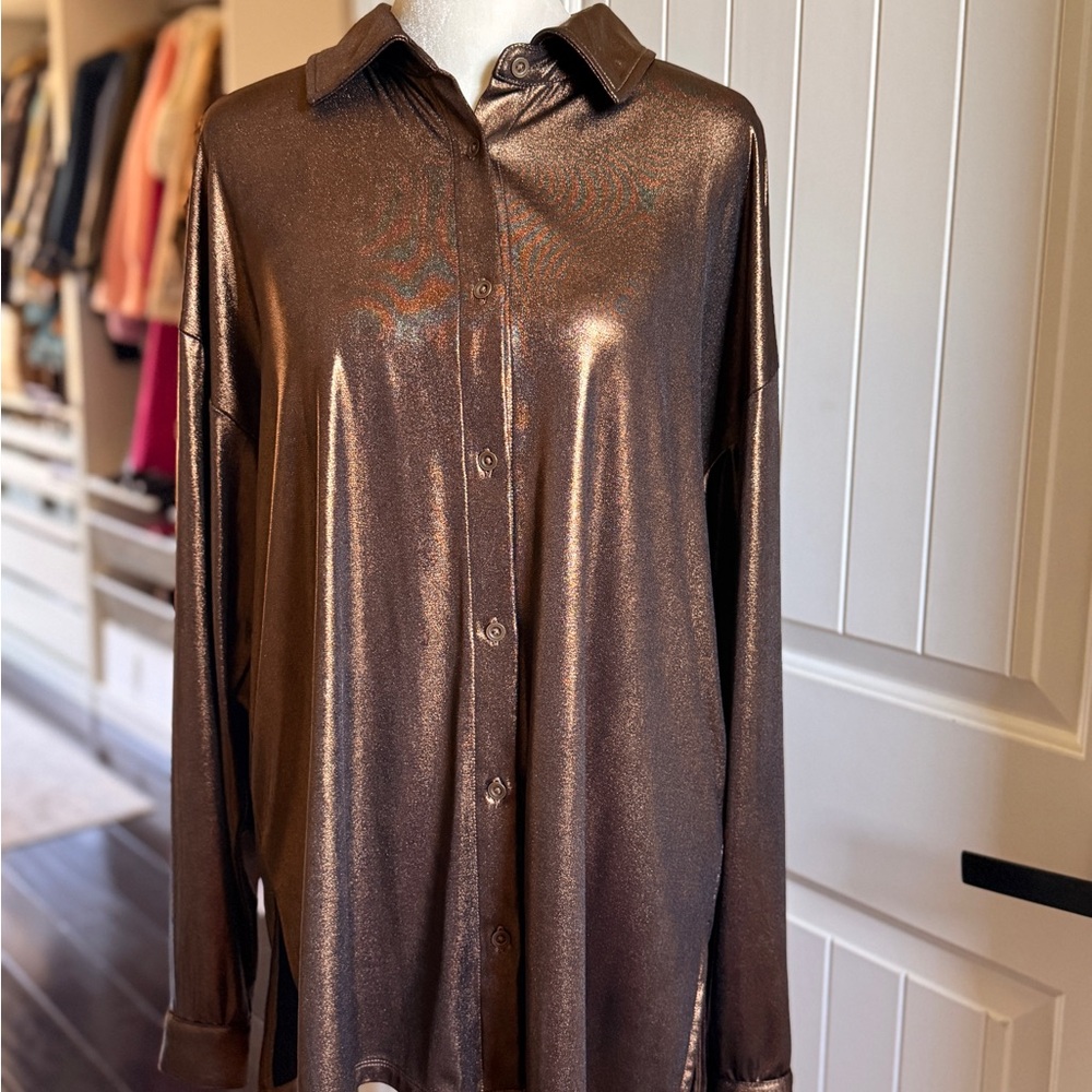 G by Giuliana Shimmery Bronze Button-Up Blouse